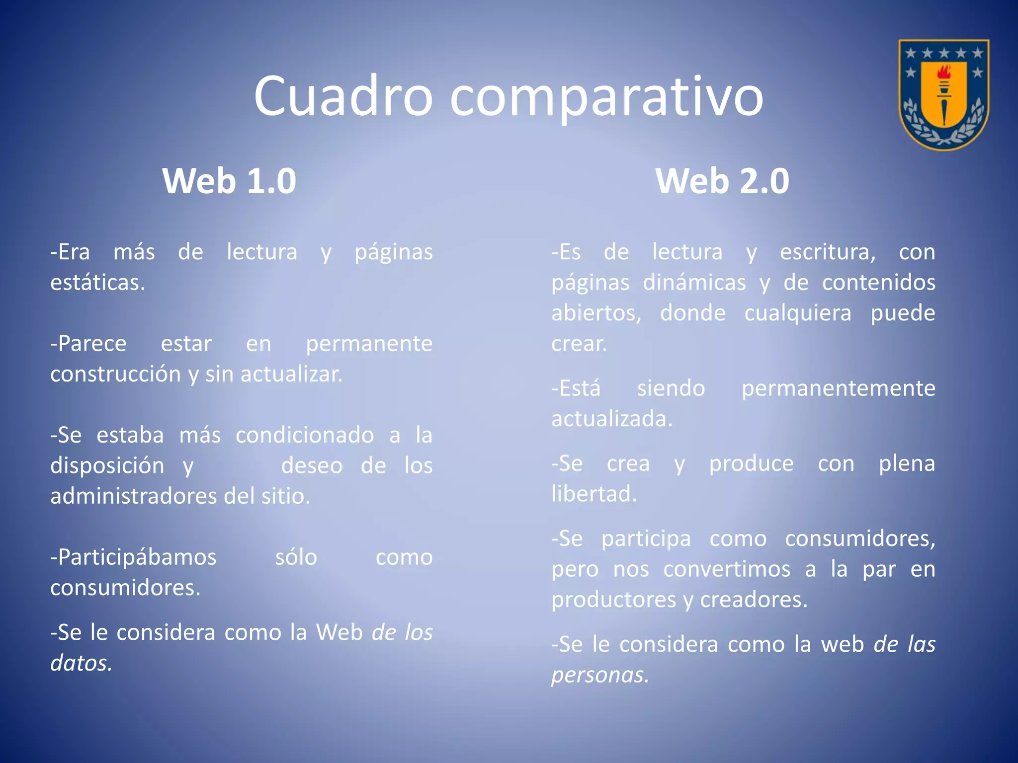 Cuadro comparativo 
Web 1.0 Web 2.0 
-Era más de lectura y páginas 
estáticas. 
-Parece estar en permanente 
construcción y sin actualizar. 
-Se estaba más condicionado a la 
disposición y deseo de los 
administradores del sitio. 
-Participábamos sólo como 
consumidores. 
-Se le considera como la Web de los 
datos. 
-Es de lectura y escritura, con 
páginas dinámicas y de contenidos 
abiertos, donde cualquiera puede 
crear. 
-Está siendo permanentemente 
actualizada. 
-Se crea y produce con plena 
libertad. 
-Se participa como consumidores, 
pero nos convertimos a la par en 
productores y creadores. 
-Se le considera como la web de las 
personas. 
 