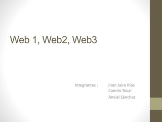 Web 1, Web2, Web3

Integrantes :

Jhon Jairo Ríos
Camilo Tovar
Anvial Sánchez

 