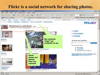 Flickr is a social network for sharing photos.




                            My contacts
                            “tags” are
                            available to me




                 Flickr
                 shows me
                 photos
                 from my
                 network



Cuene.com/mima
 