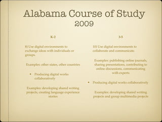 Alabama Course of Study
                                     2009
                 K-2                                           3-5


8) Use digital environments to               10) Use digital environments to
exchange ideas with individuals or           collaborate and communicate.
groups.
                                              Examples: publishing online journals,
Examples: other states, other countries       sharing presentations, contributing to
                                               online discussions, communicating
  • Producing digital works                               with experts
      collaboratively
                                          • Producing digital works collaboratively
Examples: developing shared writing
projects, creating language experience        Examples: developing shared writing
                 stories                     projects and group multimedia projects
 
