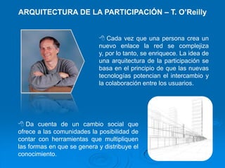 La convergencia de tecnologías tiene profundas repercusiones de carácter social porque las personas utilizan herramientas que les permiten adoptar nuevos formatos de interacción, coordinación y cooperación.SABIDURÍA DE LAS MULTITUDES – J. Surowiecki4 condiciones fundamentales para alcanzar la suma de inteligencias:1.2. Diversidad de opiniones entre los individuos que conforman el grupoIndependencia de criterio