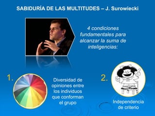  Este intelecto colectivo es una especie de sociedad anónima a la que cada accionario aporta como capital su conocimiento, su capacidad de aprender y enseñar, obteniendo como resultado un saber enriquecido por las individualidades de cada participante.MULTITUDES INTELIGENTES – H. Rheingold La comunidad virtual es algo parecido a un ecosistema de subculturas y grupos espontáneamente constituidos.