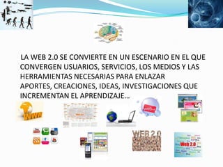     LA WEB 2.0 SE CONVIERTE EN UN ESCENARIO EN EL QUE CONVERGEN USUARIOS, SERVICIOS, LOS MEDIOS Y LAS HERRAMIENTAS NECESARIAS PARA ENLAZAR APORTES, CREACIONES, IDEAS, INVESTIGACIONES QUE INCREMENTAN EL APRENDIZAJE…