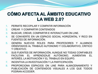 CÓMO AFECTA AL ÁMBITO EDUCATIVO LA WEB 2.0?PERMITE RECOPILAR Y COMPATIR INFORMACIÓNCREAR  Y COMPARTIR CONTENIDOS BUSCAR, CREAR, COMPARTIR E INTERACTUAR ON LINE.SE CONVIERTE EN UN ESPACIO SOCIAL HORIZONTAL Y RICO EN FUENTES DE INFORMACIÓN.GENERA NUEVOS ROLES PARA PROFESORES Y ALUMNOS ORIENTADOS AL TRABAJO AUTONOMO Y COLABORATIVO, CRITICO Y CREATIVO.SUS FUENTES DE INFORMACIÓN, AUNQUE NO TODAS CONFIABLES FACILITAN EL APRENDIZAJE AUTÓNOMO, AUMENTAN EL INTERÉS, LA MOTIVACIÓN Y EL TRABAJO EN EQUIPO.INCENTIVA LA INVESTIGACIÓN Y LA PARTICIPACIÓN.PROPORCIONA ESPACIOS ON LINE PARA ALMACENAMIENTO Y PUBLICACIÓN DE CONTENIDOS VISUALES A LOS QUE TODOS PODRAN ACCEDER.DESARROLLA Y MEJORA HABILIDADES DIGITALES .CREA CENTROS DE REFLESIÓN SOBRE TEMAS EDUCATIVOS.