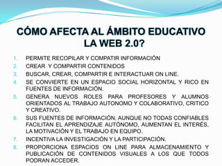CÓMO AFECTA AL ÁMBITO EDUCATIVO LA WEB 2.0?PERMITE RECOPILAR Y COMPATIR INFORMACIÓNCREAR  Y COMPARTIR CONTENIDOS BUSCAR, CREAR, COMPARTIR E INTERACTUAR ON LINE.SE CONVIERTE EN UN ESPACIO SOCIAL HORIZONTAL Y RICO EN FUENTES DE INFORMACIÓN.GENERA NUEVOS ROLES PARA PROFESORES Y ALUMNOS ORIENTADOS AL TRABAJO AUTONOMO Y COLABORATIVO, CRITICO Y CREATIVO.SUS FUENTES DE INFORMACIÓN, AUNQUE NO TODAS CONFIABLES FACILITAN EL APRENDIZAJE AUTÓNOMO, AUMENTAN EL INTERÉS, LA MOTIVACIÓN Y EL TRABAJO EN EQUIPO.INCENTIVA LA INVESTIGACIÓN Y LA PARTICIPACIÓN.PROPORCIONA ESPACIOS ON LINE PARA ALMACENAMIENTO Y PUBLICACIÓN DE CONTENIDOS VISUALES A LOS QUE TODOS PODRAN ACCEDER.DESARROLLA Y MEJORA HABILIDADES DIGITALES .CREA CENTROS DE REFLESIÓN SOBRE TEMAS EDUCATIVOS.