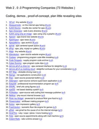 Web 2 . 0 .0 Programming Companies (73 Websites )

Coding, demos , proof-of-concept, plan little revealing sites

1. 301url : tiny website (#,a-b)
2. Abaqueinside : on the internet ajax listing (#,a-b)
3. AJAX Devmo : mozilla dev center for ajax (#,a-b)
4. Ajax showcase : web 2.zero directory (#,a-b)
5. AJAX using only an image : ajax using only a graphic (#,a-b)
6. Ajaxian : ajax brand new website (#,a-b)
7. AjaxImpact : ajax news (#,a-b)
8. Ajaxpatterns : ajax archive (#,a-b)
9. ajchat : ajax centered speak space (#,a-b)
10. aPop : ajax, php, mysql run gallery (#,a-b)
11. Ataja : tiny website (#,a-b)
12. b2evolution : open source website engine (#,a-b)
13. Codase : programming program code little revealing (c-d)
14. Code Snippets : supply program code archive (c-d)
15. Cyber Dummy : ajax program code clips (c-d)
16. del.icio.all of us direc.tor : ajax centered interface for delightful (c-d)
17. del.icio.all of us marking cloud : delightful confuses for your consideration (c-d)
18. DIY Map : clickable driving road (c-d)
19. Django : net applications construction (c-d)
20. Dojo : open source javascript toolkit (c-d)
21. dotproject : open-source venture supervision application (c-d)
22. EasyUtil : professional recommendation program api (e-f)
23. ElfURL : brief urls using figures (e-f)
24. eyeOS : net based desktop system (e-f)
25. FCKeditor : open-source web coding text message publisher (e-f)
26. fileNice : php record internet browser (e-f)
27. Flickr rss Widget : javascript to produce flickr give food to (e-f)
28. Flowermaker : art/flower making program (e-f)
29. footoo : ajax impression gallery (e-f)
30. FreeVolution : isometric floor tile engine for games (e-f)
31. gDisk : use gmail be the cause of on the internet storage (g-h)
32. GrokThis : ruby / zope / plone / mono hosting (g-h)
33. Hula : open source appointments along with mail machine (g-h)
34. Instant Rails : rails runtime answer (i-j)
 