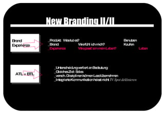 New Branding II/II Brand Experience ATL = BTL _Produkt:  Was tut es? Benutzen _Brand: Wie fühl ich mich? Kaufen _Experience: Wie passt´s in mein Leben? Leben _Unterscheidung verliert an Bedeutung _Gleiches Ziel: Sales _versch. Disziplinen können Lead übernehmen _Integrierte Kommunikation heisst nicht  TV-Spot deklinieren 