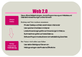 Web 2.0 Neue, offene Webtechnologien, die die Programmierung von Websites und Datenströme beschleunigen und kombinieren Desktop und Netz wachsen zusammen Privater Desktop und Netz verschmelzen miteinander User speichern ihre Daten im Internet Lokale Anwendungen greifen auf Anwendungen im Netz zu Suchmaschinen greifen auf lokale Daten zu Software-Programme aktualisieren sich selbstständig übers Netz Der Nutzer wird selbst zum Editor User stellen Beiträge auf Servern ein Weblogs verlagern das Private ins Öffentliche Always Online Stetige Anpassung/ Veränderung 