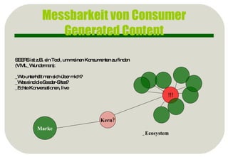 Messbarkeit von Consumer Generated Content SEERS ist z.B. ein Tool, um meinen Konsumenten zu finden  (VML_Wunderman): _Wo unterhält man sich über mich? _Was sind die Seeder-Sites? _Echte Konversationen, live Marke Kern? !!! _Ecosystem 