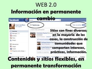 WEB 2.0 Información en permanente cambio Contenidos y sitios flexibles, en permanente transformación Sitios con fines diversos; en la mayoría  de los casos, la construcción de comunidades que comparten intereses, prácticas, información. 