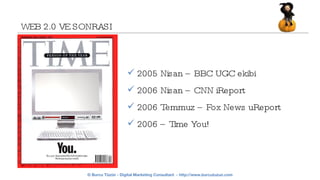 WEB 2.0 VE SONRASI 2005 Nisan – BBC UGC ekibi  2006 Nisan – CNN iReport 2006 Temmuz – Fox News uReport 2006 – Time You! 