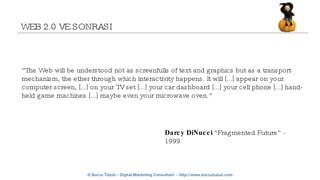 WEB 2.0 VE SONRASI “ The Web will be understood not as screenfulls of text and graphics but as a transport mechanism, the ether through which interactivity happens. It will [...] appear on your computer screen, [...] on your TV set [...] your car dashboard [...] your cell phone [...] hand-held game machines [...] maybe even your microwave oven.” Darcy DiNucci  &quot;Fragmented Future” - 1999 