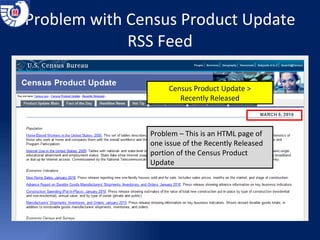 Problem with Census Product Update RSS Feed Census Product Update > Recently Released Problem – This is an HTML page of one issue of the Recently Released portion of the Census Product Update 
