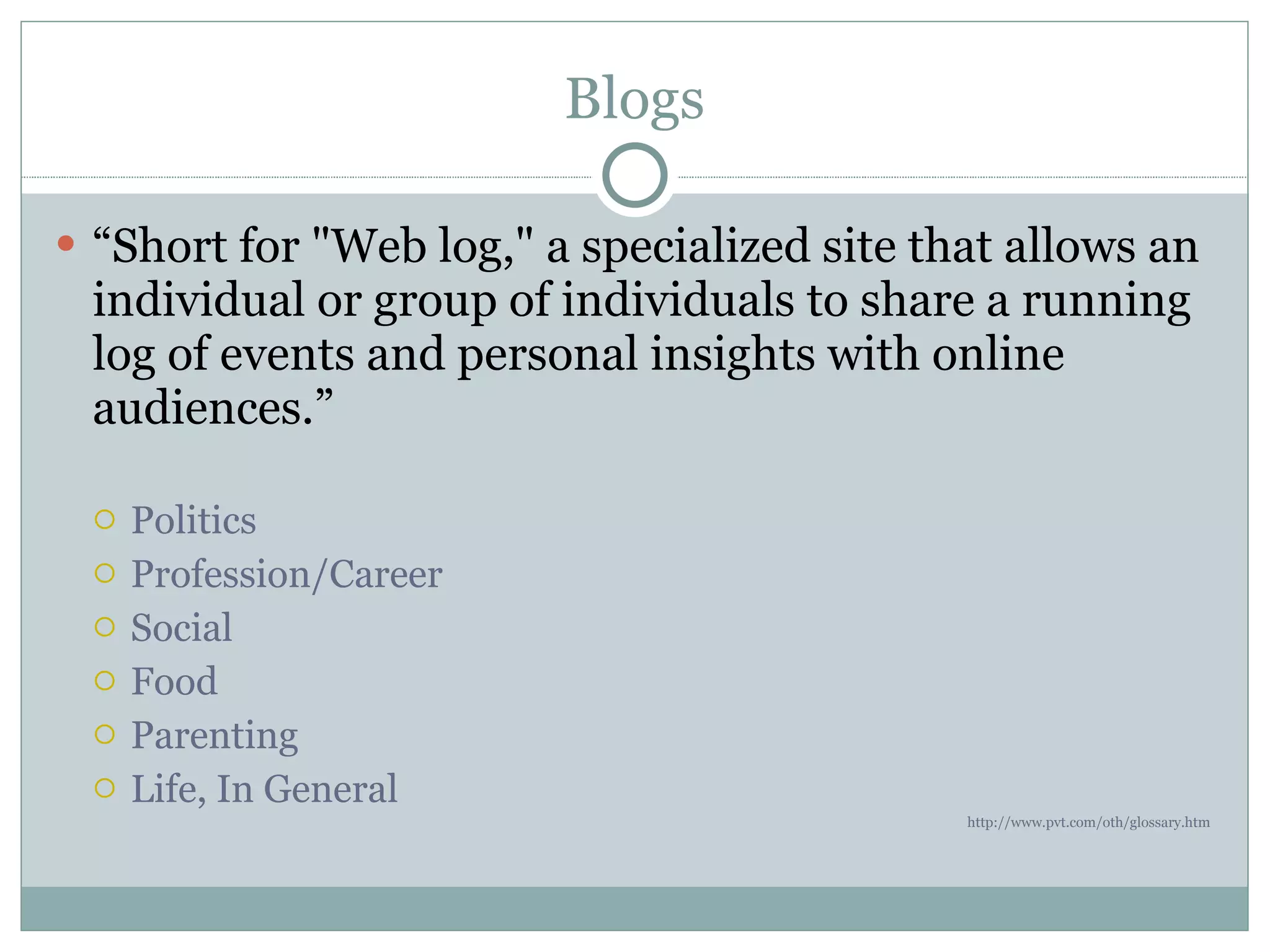 Blogs “ Short for &quot;Web log,&quot; a specialized site that allows an individual or group of individuals to share a running log of events and personal insights with online audiences.”   Politics Profession/Career Social Food Parenting Life, In General http://www.pvt.com/oth/glossary.htm 