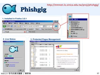 Phishgig 1. Installed in Firefox 3.0.1 2. Live Status 3. Protected Pages Management http://mmnet.iis.sinica.edu.tw/proj/phishgig/ 