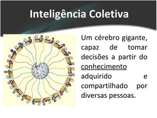 Inteligência Coletiva Um cérebro gigante, capaz de tomar decisões a partir do  conhecimento  adquirido e compartilhado por diversas pessoas. 