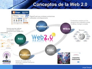 Conceptos de la Web 2.0 RSS Weblogs Wikis Flickr Podcast Jorge Duque 