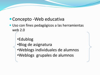 Concepto -Web educativa
 Uso con fines pedagógicos a las herramientas
web 2.0
•Edublog
•Blog de asignatura
•Weblogs individuales de alumnos
•Weblogs grupales de alumnos
 