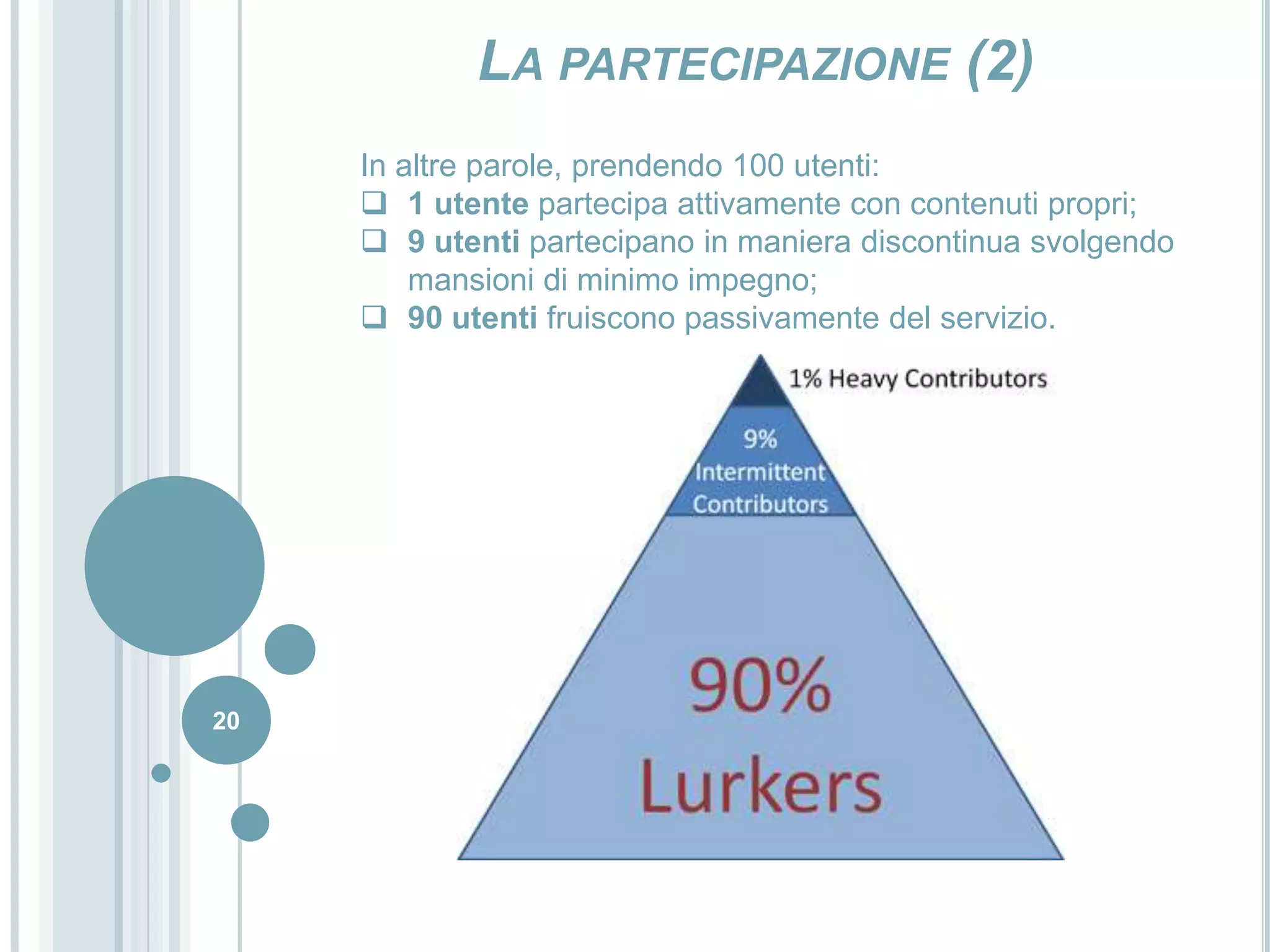 20La partecipazione (2)In altre parole, prendendo 100 utenti:1 utente partecipa attivamente con contenuti propri;