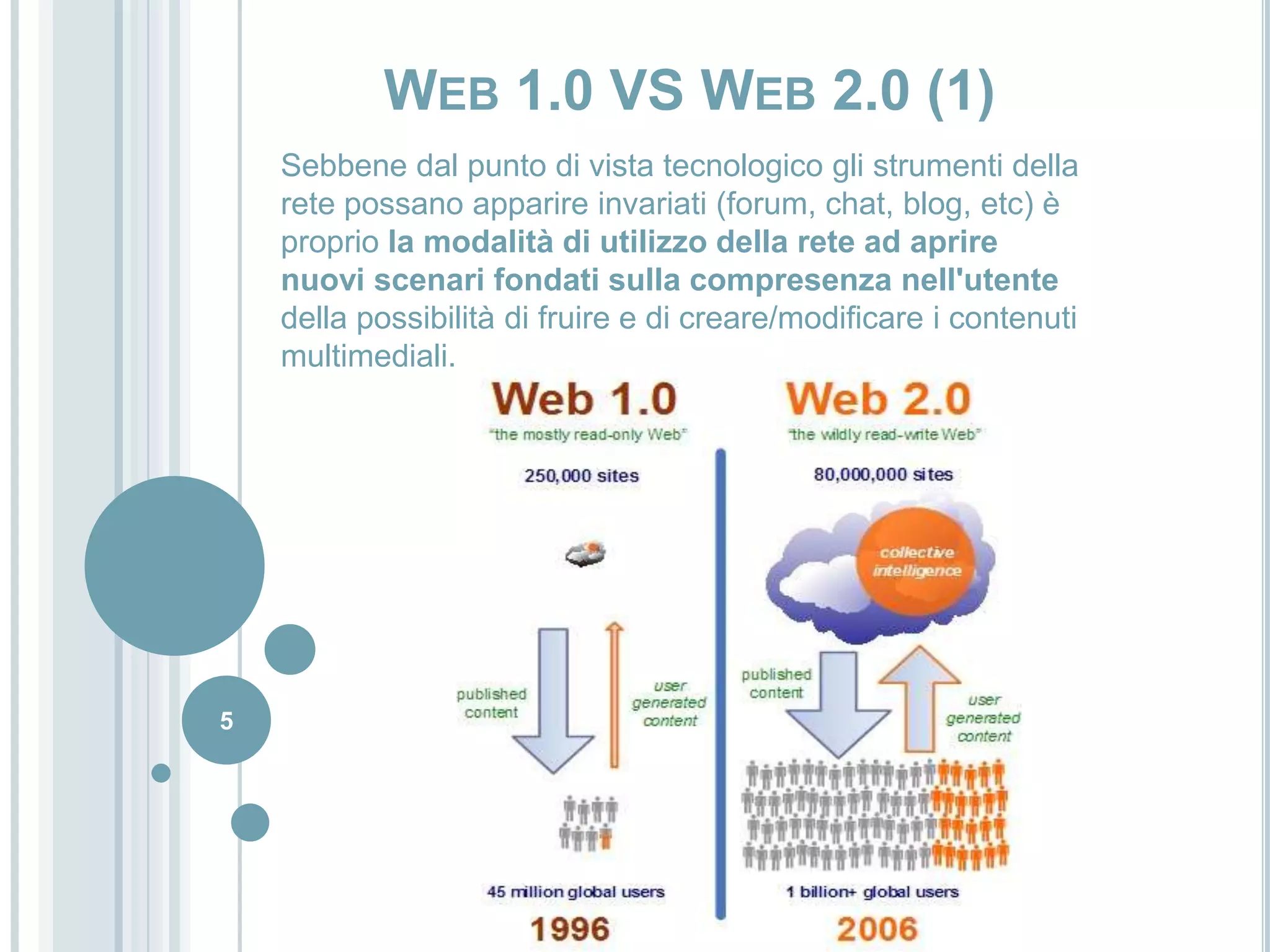 Sebbene dal punto di vista tecnologico gli strumenti dellarete possano apparire invariati (forum, chat, blog, etc) èproprio la modalità di utilizzo della rete ad aprirenuovi scenari fondati sulla compresenza nell'utentedella possibilità di fruire e di creare/modificare i contenutimultimediali.5Web 1.0 VS Web 2.0 (1)