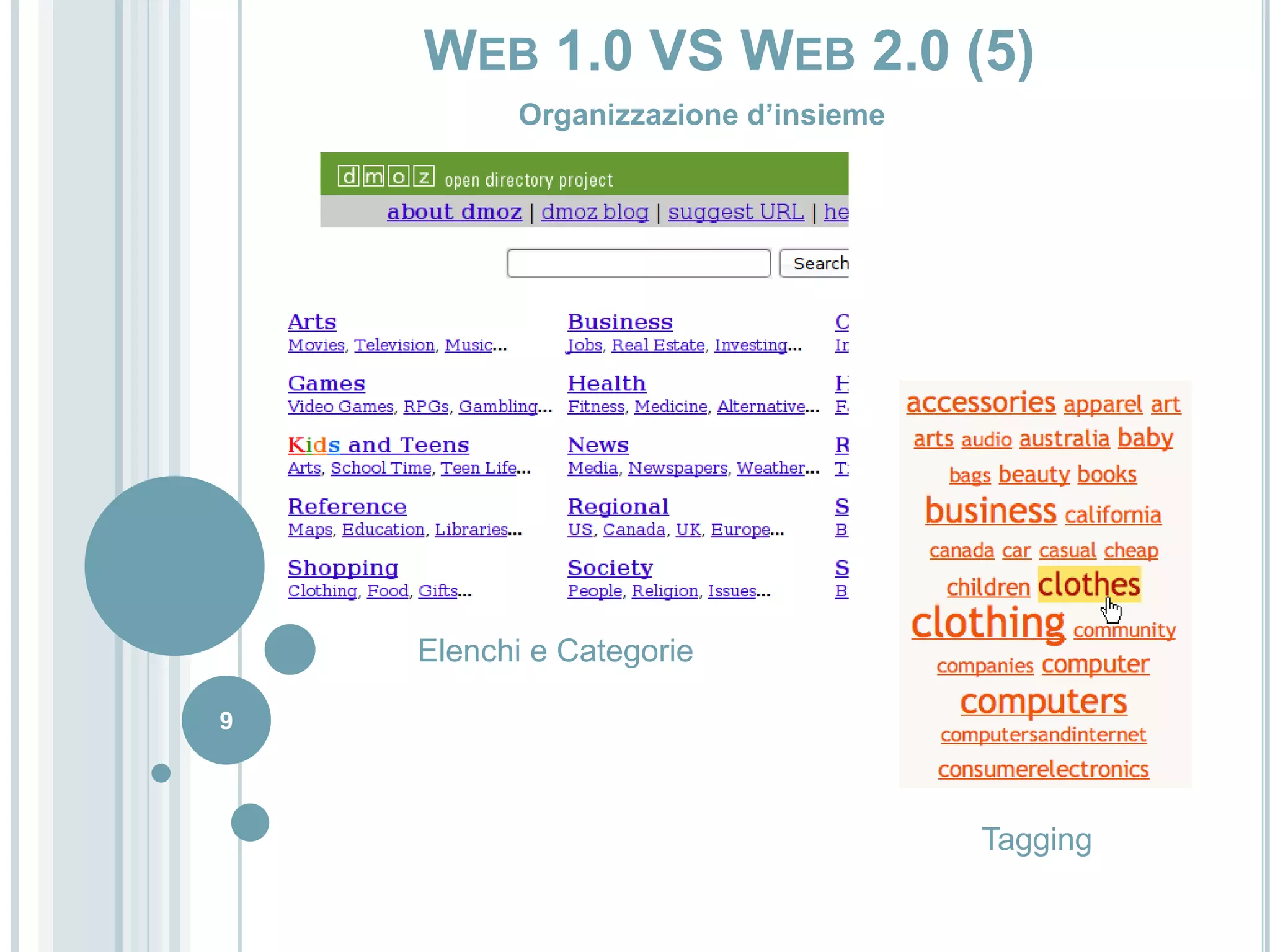 Organizzazione d’insieme9Web 1.0 VS Web 2.0 (5)Elenchi e CategorieTagging