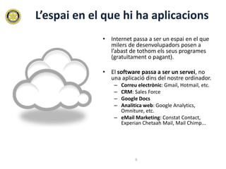 L’espai en el que hi ha aplicacions
             • Internet passa a ser un espai en el que
               milers de desenvolupadors posen a
               l’abast de tothom els seus programes
               (gratuïtament o pagant).

             • El software passa a ser un servei, no
               una aplicació dins del nostre ordinador.
                 – Correu electrònic: Gmail, Hotmail, etc.
                 – CRM: Sales Force
                 – Google Docs
                 – Analitica web: Google Analytics,
                   Omniture, etc.
                 – eMail Marketing: Constat Contact,
                   Experian Chetaah Mail, Mail Chimp...




                          6
 
