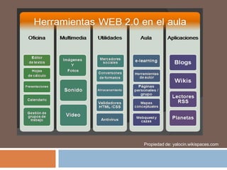 APLICACIONES EDUCATIVASAnteriormente internet era propiamente unidireccional, es decir, la información era más bien de corte informativo y no permitía la interacción directa con y entre los usuarios. Hoy en día, se ha convertido en bidireccional y nos permite la interacción de todo tipo de contenido, sean estos videos, imágenes, textos e inclusive almacenamiento y edición de archivos online y en tiempo real. Estas herramientas permiten la integración de un tejido social, es decir, una red de personas que pueden interactuar a través de los espacios que se han generado en internet, tales como blogs, google groups, twitter, facebook, wikipedia y un sinfín de útiles aplicaciones que permiten la interrelación de información.yeruky.wordpress.comBibliografía: http://es.wikipedia.org/wiki/Web_2.0