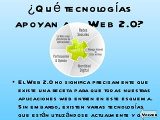 ¿Qué tecnologías apoyan a la Web 2.0? El Web 2.0 no significa precisamente que existe una receta para que todas nuestras aplicaciones web entren en este esquema. Sin embargo, existen varias tecnologías que están utilizándose actualmente y que deberíamos de examinar con más cuidado en busca de seguir evolucionando junto al web. Volver 