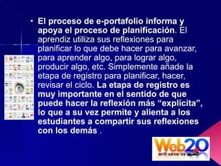El proceso de e-portafolio informa y apoya el proceso de planificación . El aprendiz utiliza sus reflexiones para planificar lo que debe hacer para avanzar, para aprender algo, para lograr algo, producir algo, etc. Simplemente añade la etapa de registro para planificar, hacer, revisar el ciclo.  La etapa de registro es muy importante en el sentido de que puede hacer la reflexión más “explícita”, lo que a su vez permite y alienta a los estudiantes a compartir sus reflexiones con los demás  . 