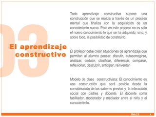 Web 2.0 El aprendizaje constructivo Todo aprendizaje constructivo supone una construcción que se realiza a través de un proceso mental que finaliza con la adquisición de un conocimiento nuevo. Pero en este proceso no es solo el nuevo conocimiento lo que se ha adquirido, sino, y sobre todo, la posibilidad de construirlo.  El profesor debe crear situaciones de aprendizaje que permitan al alumno pensar: discutir, autocorregirse, analizar, deducir, clasificar, diferenciar, comparar, reflexionar, descubrir, anticipar, reinventar  Modelo de clase  constructivista: El conocimiento es una construcción que será posible desde la consideración de los saberes previos y  la interacción social con padres y docente. El docente como facilitador, moderador y mediador entre el niño y el conocimiento.  