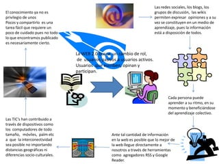 Las redes sociales, los blogs, los
El conocimiento ya no es                                                   grupos de discusión, las wikis
privilegio de unos                                                         permiten expresar opiniones y a su
Pocos y compartirlo es una                                                 vez se constituyen en un medio de
tarea fácil que requiere un                                                aprendizaje, pues la información
poco de cuidado pues no todo                                               está a disposición de todos.
lo que encontramos publicado
es necesariamente cierto.

                                La WEB 2.0 busca un cambio de rol,
                                 de usuarios pasivos a usuarios activos.
                                Usuarios que escriben, opinan y
                                participan.




                                                                                  Cada persona puede
                                                                                  aprender a su ritmo, en su
                                                                                  momento y beneficiándose
                                                                                  del aprendizaje colectivo.
Las TIC’s han contribuido a
través de dispositivos como
los computadores de todo
tamaño, móviles, palm etc                         Ante tal cantidad de información
a que la interconectividad                        en la web es posible que lo mejor de
sea posible no importando                         la web llegue directamente a
distancias geográficas ni                         nosotros a través de herramientas
diferencias socio-culturales.                     como agregadores RSS y Google
                                                  Reader.
 