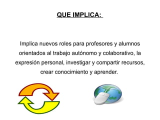 QUE IMPLICA: Implica nuevos roles para profesores y alumnos orientados al trabajo autónomo y colaborativo, la expresión personal, investigar y compartir recursos, crear conocimiento y aprender.