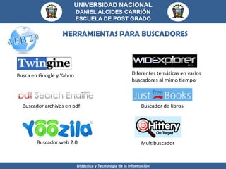 UNIVERSIDAD NACIONAL
                          DANIEL ALCIDES CARRIÓN
                          ESCUELA DE POST GRADO

                  HERRAMIENTAS PARA BUSCADORES




Busca en Google y Yahoo                                 Diferentes temáticas en varios
                                                        buscadores al mimo tiempo



  Buscador archivos en pdf                                   Buscador de libros




        Buscador web 2.0                                     Multibuscador


                          Didáctica y Tecnología de la Información
 