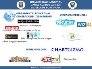 UNIVERSIDAD NACIONAL
                             DANIEL ALCIDES CARRIÓN
                             ESCUELA DE POST GRADO

             HERRAMIENTAS EDUCATIVAS
                                                                   VIDEO CONFERENCIAS
             GENERADORES DE IMÁGENES


                 Vectoriza tus imágenes

Presenta, comenta y comparte tus fotos


                    Selecciona partes de una imagen
Editor fotográfico en línea


                        DIBUJO EN LÍNEA


                                                                        Dibuja on line


                             Didáctica y Tecnología de la Información
 