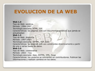 EVOLUCION DE LA WEB
Web 1.0
Tipo de Web: estática.
Período: 1994-1997
Tecnología asociada: HTML, GIF.
Características: las páginas web son documentos estáticos que jamás se
actualizaban
Web 1.5
Tipo de Web: dinámica
Período: 1997-2003
Tecnología asociada: DHTML, ASP, CSS.
Características: las páginas web son construidas dinámicamente a partir
de una o varias bases de datos.
Web 2.0
Tipo de Web: colaborativa
Período: 2003 – hoy
Tecnología asociada: Ajax, DHTML, XML, Soap
Características: los usuarios se convierten en contribuidores. Publican las
informaciones y realizan cambios en los datos.
 