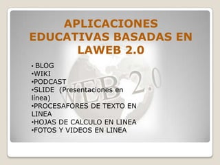 APLICACIONES
EDUCATIVAS BASADAS EN
      LAWEB 2.0
• BLOG
•WIKI
•PODCAST
•SLIDE (Presentaciones en
línea)
•PROCESAFORES DE TEXTO EN
LINEA
•HOJAS DE CALCULO EN LINEA
•FOTOS Y VIDEOS EN LINEA
 