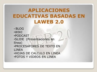 APLICACIONES
EDUCATIVAS BASADAS EN
      LAWEB 2.0
• BLOG
•WIKI
•PODCAST
•SLIDE (Presentaciones en
línea)
•PROCESAFORES DE...