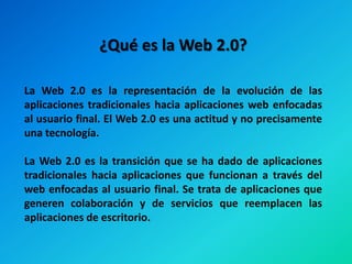 La Web 2.0

Es una etapa que ha definido nuevos proyectos en Internet y
está preocupándose por brindar mejores soluciones ...