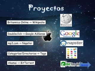 Britannica Online –> Wikipedia



Doubleclick –> Google AdSense


mp3.com –> Napster


Categorías/Directorios –> Tags


Akamai –> BitTorrent
                                 Siguiente
 