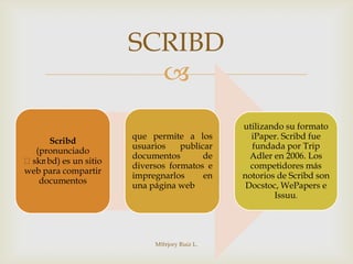 SCRIBD
                         
                                              utilizando su formato
                       que permite a los        iPaper. Scribd fue
      Scribd
                       usuarios    publicar     fundada por Trip
  (pronunciado
                       documentos        de     Adler en 2006. Los
ˈskrɪbd) es un sitio
                       diversos formatos e      competidores más
web para compartir
                       impregnarlos      en   notorios de Scribd son
   documentos
                       una página web          Docstoc, WePapers e
                                                      Issuu.




                            M@rjory Ruiz L.
 