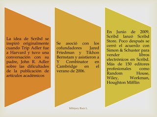 En Junio de 2009,
                                                    Scribd lanzó Scribd
La idea de Scribd se
                                                    Store. Poco después se
inspiró originalmente    Se asoció con los
                                                    cerró el acuerdo con
cuando Trip Adler fue    cofundadores      Jared
                                                    Simon & Schuster para
a Harvard y tuvo una     Friedman y Tikhon
                                                    vender           libros
conversación con su      Bernstam y asistieron a
                                                    electrónicos en Scribd.
padre, John R. Adler     Y    Combinator      en
                                                    Más de 150 editores
sobre las dificultades   Cambridge      en     el
                                                    profesionales    como
de la publicación de     verano de 2006.
                                                    Random          House,
artículos académicos
                                                    Wiley,       Workman,
                                                    Houghton Mifflin




                                M@rjory Ruiz L.
 