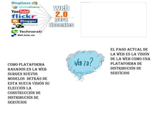 El paso actual de
                       la web es la visión
                       de la web como una
Como plataforma        plataforma de
basados en la web      distribución de
surgen nuevos          servicios
modelos detrás de
esta nueva visión su
elección la
construcción de
distribución de
servicios
 