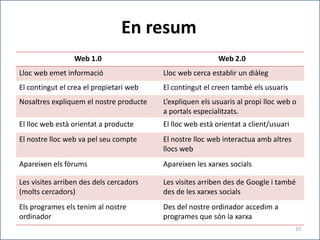 En resum
                 Web 1.0                                  Web 2.0
Lloc web emet informació                 Lloc web cerca establir un diàleg
El contingut el crea el propietari web   El contingut el creen també els usuaris
Nosaltres expliquem el nostre producte   L’expliquen els usuaris al propi lloc web o
                                         a portals especialitzats.
El lloc web està orientat a producte     El lloc web està orientat a client/usuari
El nostre lloc web va pel seu compte     El nostre lloc web interactua amb altres
                                         llocs web
Apareixen els fòrums                     Apareixen les xarxes socials

Les visites arriben des dels cercadors   Les visites arriben des de Google i també
(molts cercadors)                        des de les xarxes socials
Els programes els tenim al nostre        Des del nostre ordinador accedim a
ordinador                                programes que són la xarxa
                                                                                     15
 