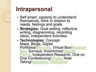 Intrapersonal
 Self smart, capacity to understand
  themselves, think in relation to
  needs, feelings and goals
 Strategies: Goal setting, reflective
  writing, diagramming, recording
  ideas, independent activities
 Technologies: Concept
  Maps, Blogs, Digital
  Portfolios/Wix.com, Virtual Box/Museum
  Box, Surveys, Inventories/Google
  Forms, Independent Research, One on
  One Conferencing/Skype, Note
  Taking/Notetaker, Wallwisher
 