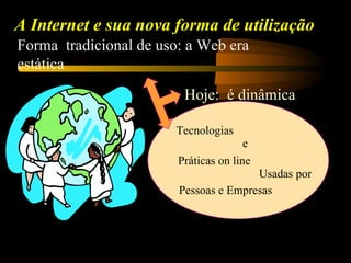 A Internet e sua nova forma de utilização
Forma tradicional de uso: a Web era
estática
                         Hoje: é dinâmica

                        Tecnologias
                                       e
                        Práticas on line
                                       Usadas por
                        Pessoas e Empresas
 