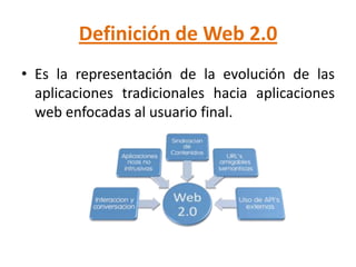 Definición de Web 2.0
• Es la representación de la evolución de las
  aplicaciones tradicionales hacia aplicaciones
  web enfocadas al usuario final.
 