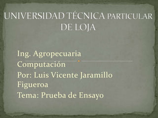 Ing. Agropecuaria
Computación
Por: Luis Vicente Jaramillo
Figueroa
Tema: Prueba de Ensayo
 