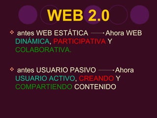 WEB 2.0
   antes WEB ESTÁTICA     Ahora WEB
    DINÁMICA, PARTICIPATIVA Y
    COLABORATIVA.

   antes USUARIO PASIVO    Ahora
    USUARIO ACTIVO, CREANDO Y
    COMPARTIENDO CONTENIDO
 