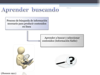 WEB 2.0




     Proceso de búsqueda de información
      necesario para producir contenidos
                   en línea



                                     Aprender a buscar y seleccionar
                                   contenidos (Información fiable)




(Jhonson 1992)
 