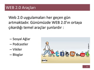 Web 2.0 uygulamaları her geçen gün
artmaktadır. Günümüzde WEB 2.0’ın ortaya
çıkardığı temel araçlar şunlardır :
– Sosyal Ağlar
– Podcastler
– Vikiler
– Bloglar
WEB 2.0 Araçları
 